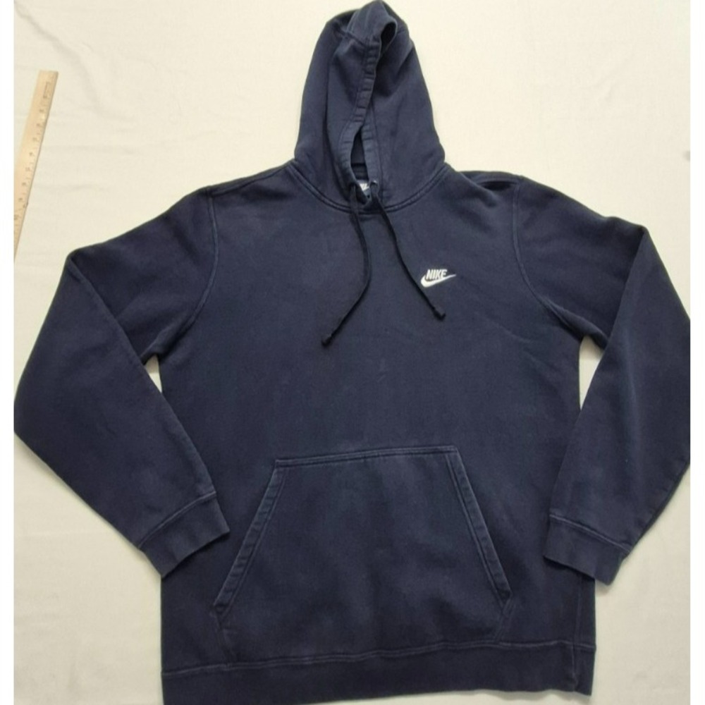 Nike men's navy blue pullover front pocket hoodie white swoosh logo sz. L